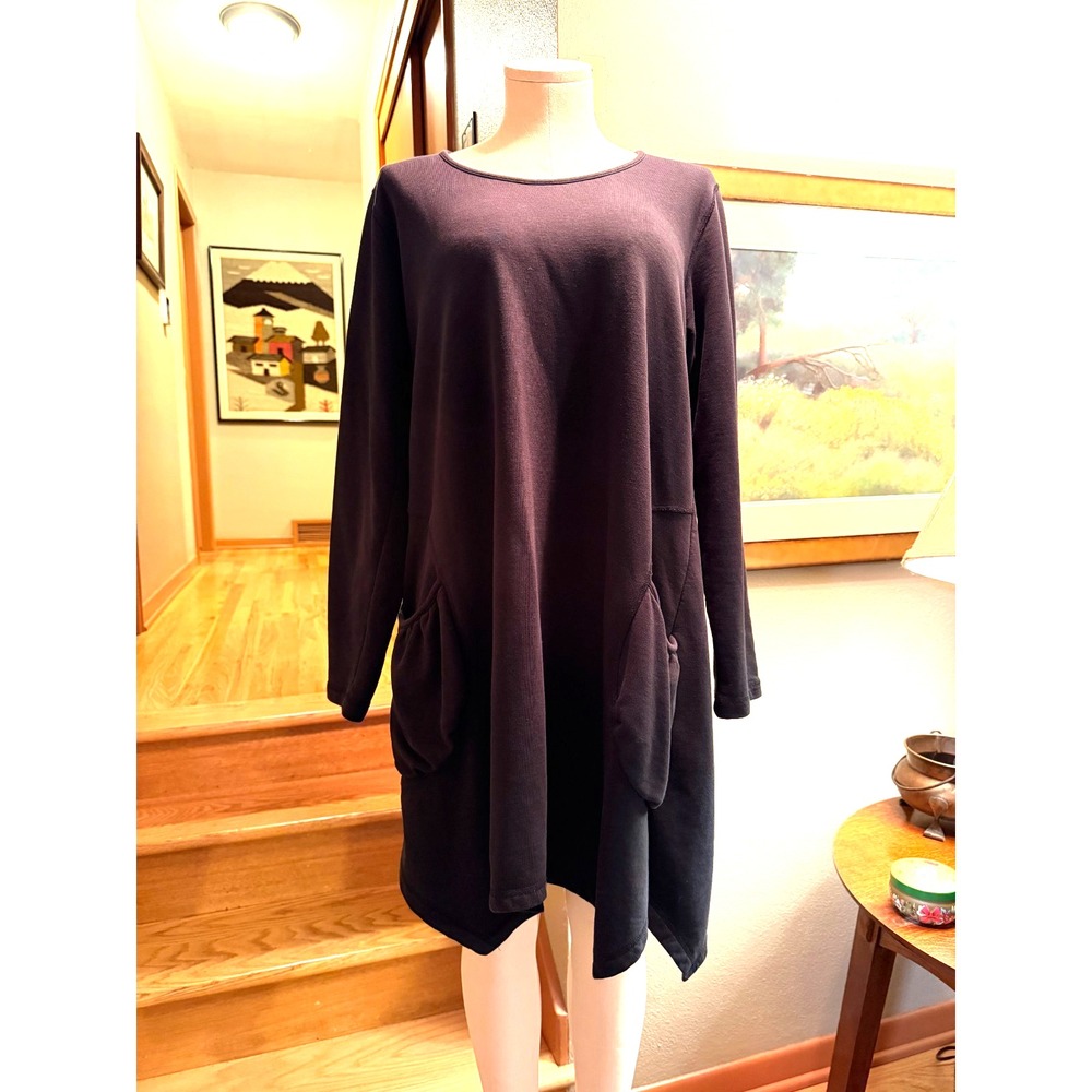 Black asymmetrical jersey knit tunic with pockets by Boheme. long sleeved